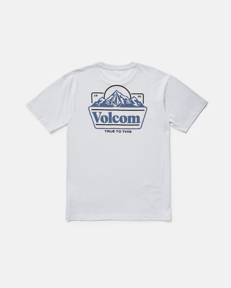 The Men's Topas Short Sleeve Tee by Volcom is a white classic fit with short sleeves, showcasing a large mountain graphic, Volcom branding, and "True To This" in blue text on the back.