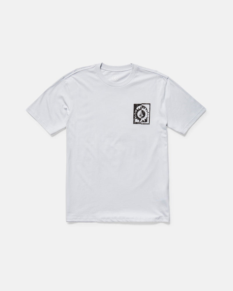 The Volcom Men's Burner Short Sleeve Tee is a classic fit, organic cotton white tee with a soft-hand screen printed black-and-white flame patch on the left chest, offering timeless comfort and style.