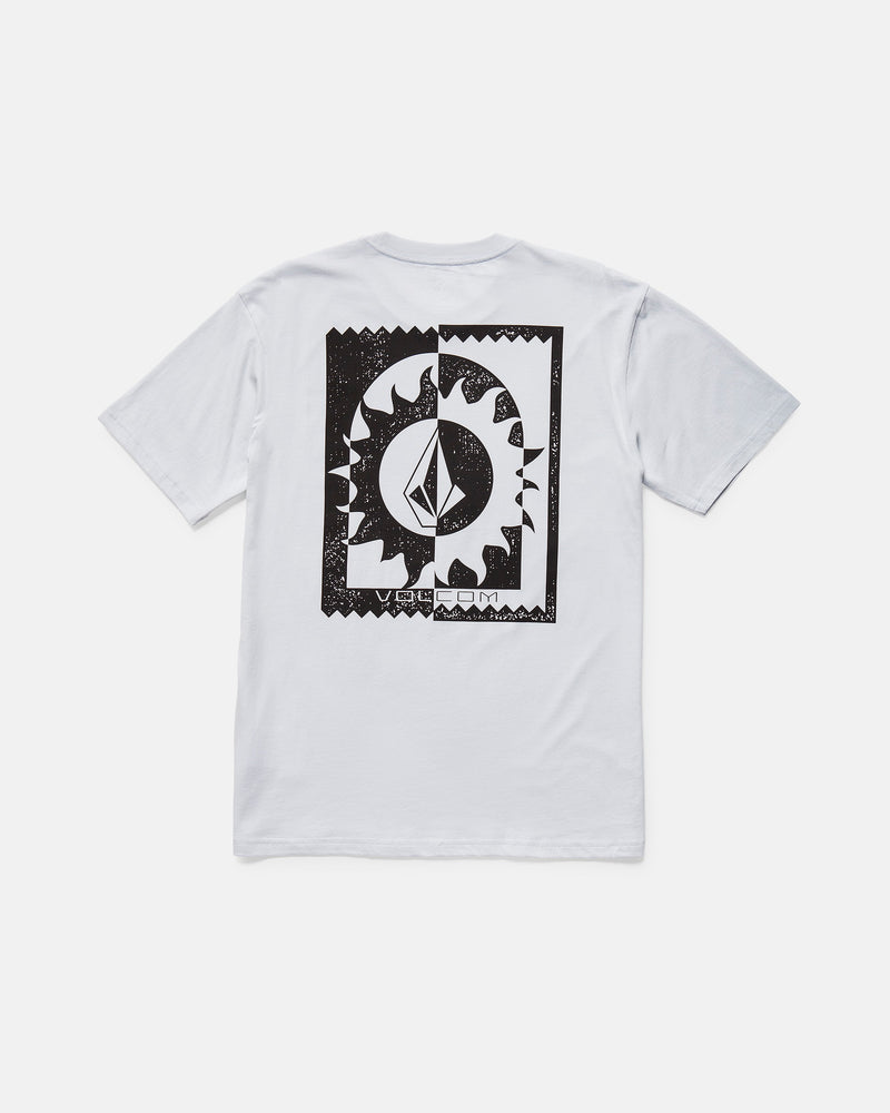 The Volcom Men's Burner Short Sleeve Tee is a classic fit, white organic cotton t-shirt with a large black abstract sun and crescent moon graphic on the back, printed within a jagged rectangle with a soft-hand screen print.
