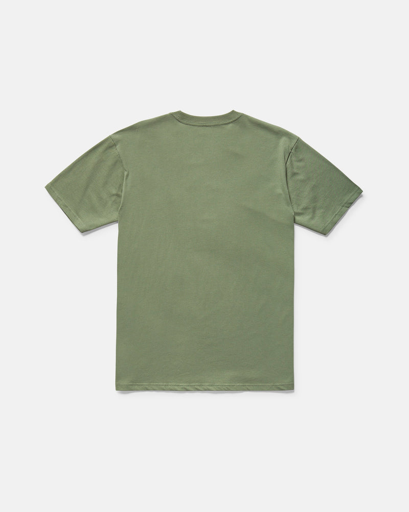 The Volcom Men's Be Kind Rewind Short Sleeve Tee in plain olive green is laid flat, back side up, with no visible logos or designs. This classic fit tee is made from soft organic cotton for everyday comfort.