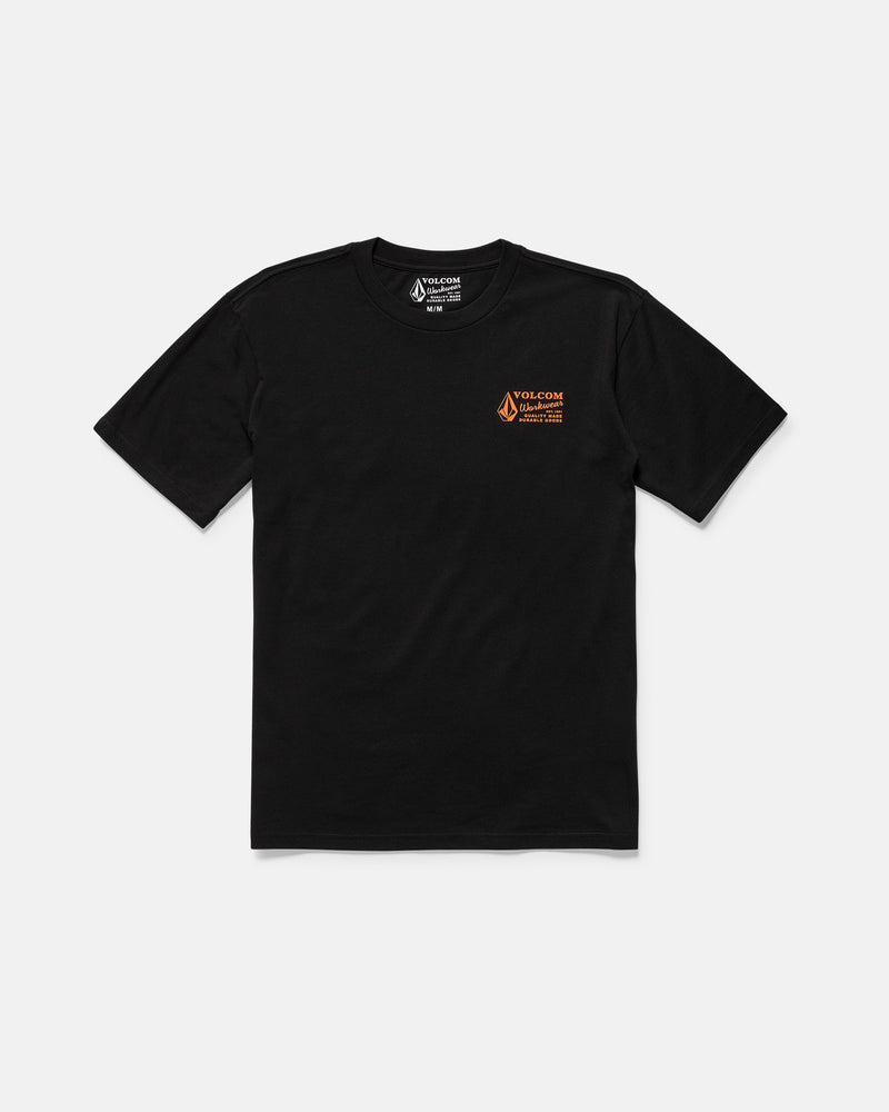 The Volcom Men's Workwear Short Sleeve Tee is a black, organic cotton t-shirt with a small orange graphic and text on the left chest, shown flat on a white background.
