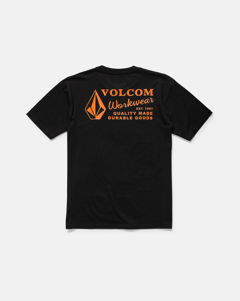 The Volcom Men's Workwear Short Sleeve Tee is a black organic cotton shirt featuring an orange back print with geometric logo, "VOLCOM Workwear," "Est. 1991," "Quality Made," and "Durable Goods" for comfort and durability.