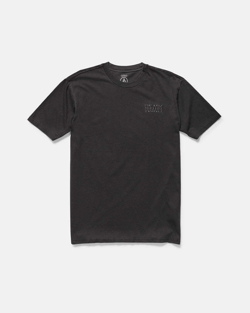 The Volcom Men's Proto Type Short Sleeve Tee is a loose-fit black crew t-shirt crafted from heavy cotton, featuring a small embroidered logo on the left chest, shown flat on a white background.
