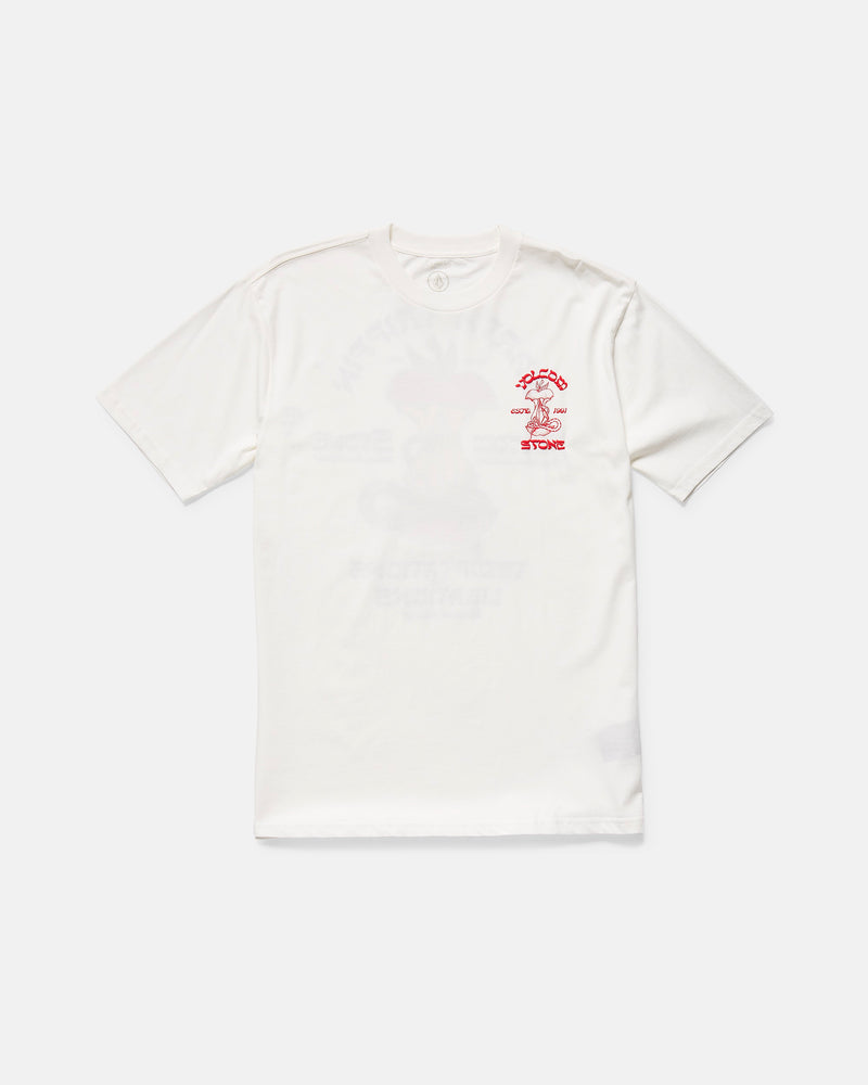The Volcom Men's Temptations Short Sleeve Tee is a soft cotton white shirt with a small red graphic and text on the left chest, shown on a white background.