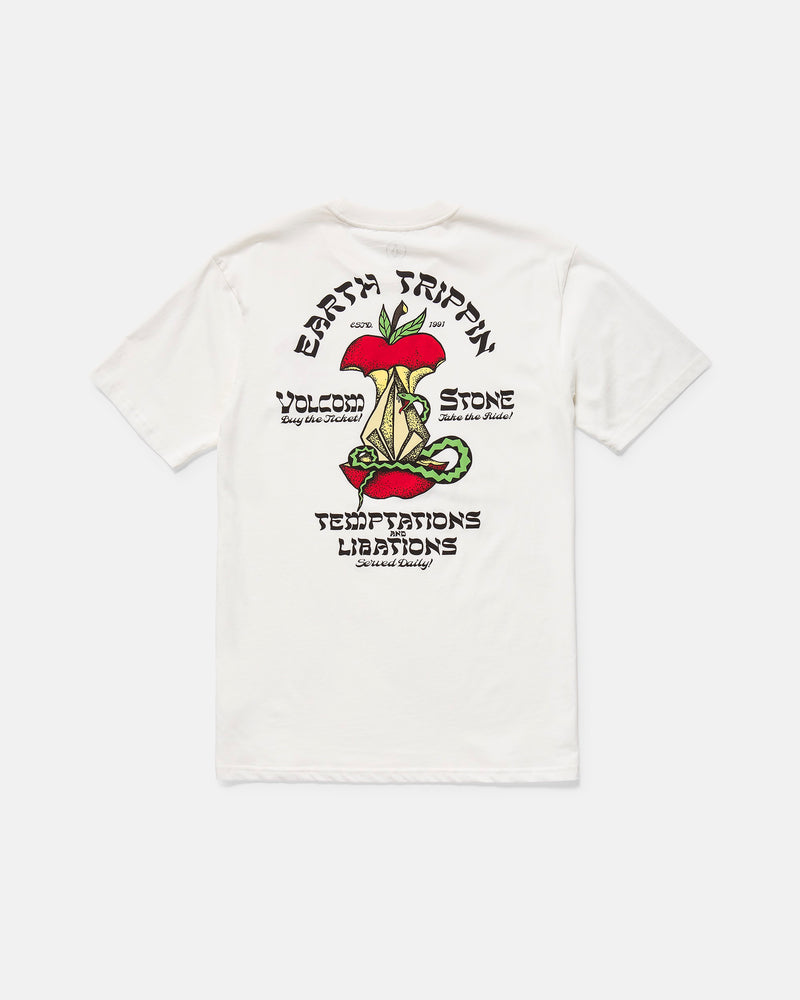 The Volcom Men's Temptations Short Sleeve Tee is a soft cotton crew neck with a back graphic of a snake around a lava lamp, red apples, green leaves, and stylized “Earth Trippin” text.