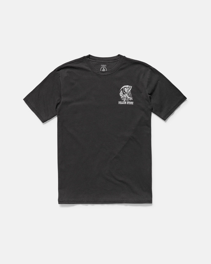 The Volcom Men's Eternal Short Sleeve Tee is a black, loose-fit cotton shirt with a small soft-hand wolf graphic and "VOLCOM STONE" on the left chest, shown flat against a white background.