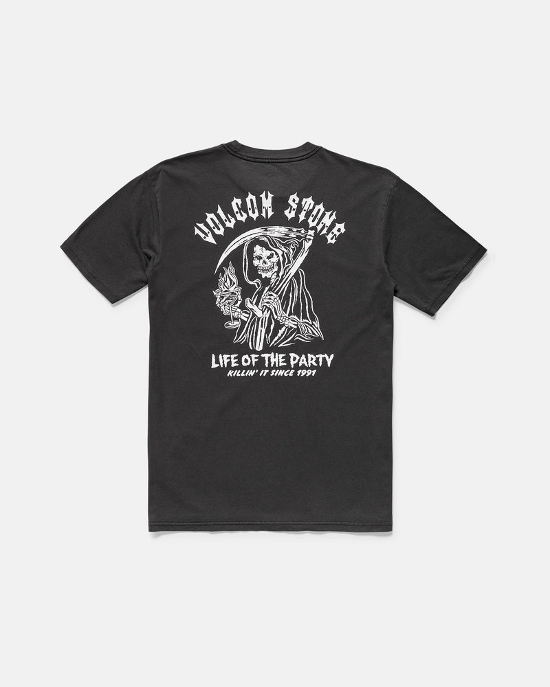 The Volcom Men's Eternal Short Sleeve Tee is a loose-fit black cotton shirt with a soft-hand screenprint of a grim reaper holding a drink, plus "VOLCOM STONE" above and "LIFE OF THE PARTY, KILLIN IT SINCE 1991" below on the back.