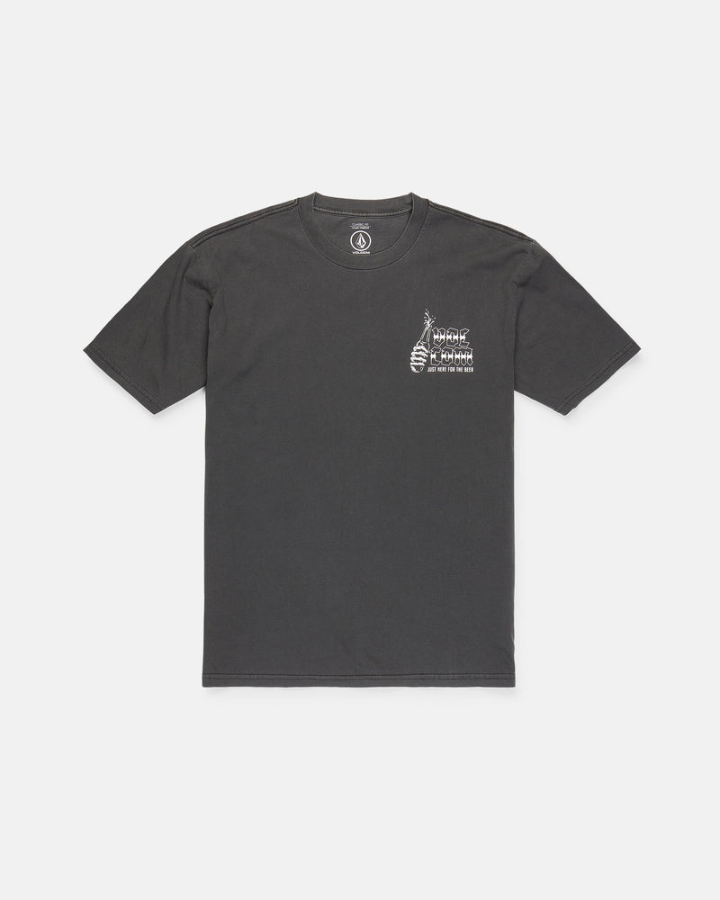 The Volcom Men's Fear No Beer Short Sleeve Tee is a black, loose-fit cotton t-shirt featuring a small white DNA helix and "Fear No Beer" text graphic on the left chest, shown laid flat on a white background.