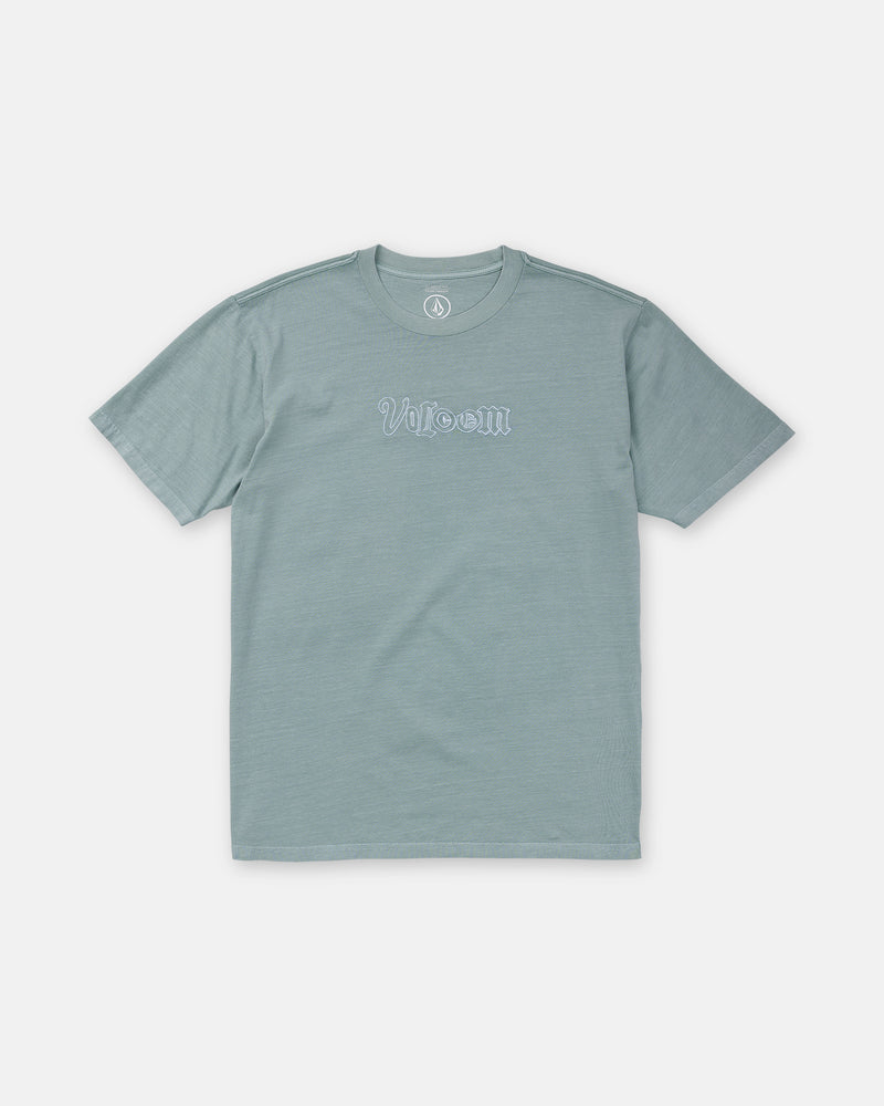 Sage green, loose fit Men’s Ransom Stitch Short Sleeve Tee with a white outlined embroidered logo across the chest.