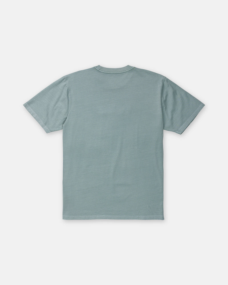 Back view of the sage green, loose-fit Volcom Men’s Ransom Stitch Short Sleeve Tee, made from 100% cotton with a crew neck and short sleeves.