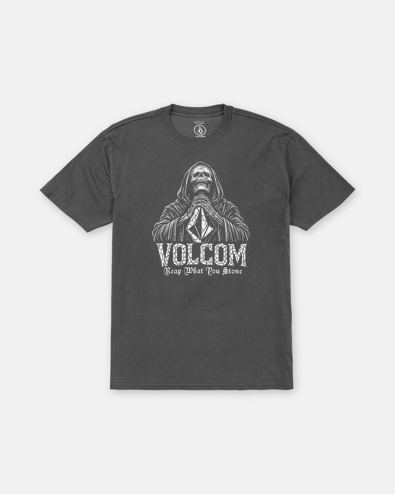 Men’s Reap What You Stone Short Sleeve Tee in charcoal gray premium cotton, featuring a Volcom graphic of a hooded grim reaper holding a diamond-shaped logo with the text Reap What You Stone printed below.