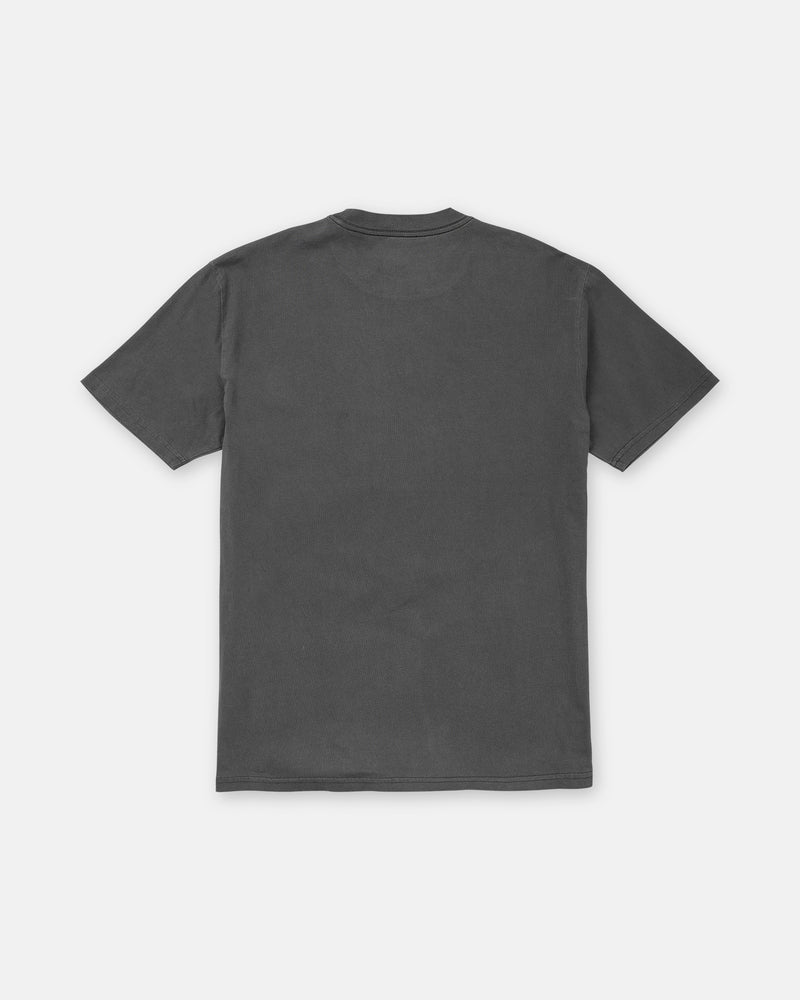 Back view of a premium cotton dark gray short-sleeve Men’s Reap What You Stone Short Sleeve Tee by Volcom.