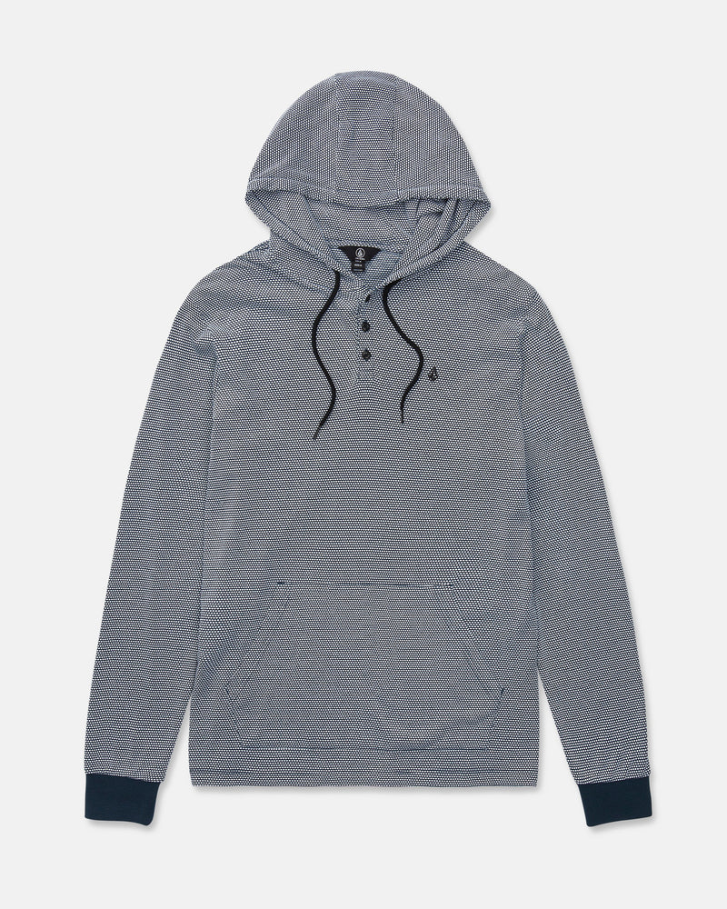 The Volcom Men's Rowan Thermal Long Sleeve Shirt is a gray pullover hoodie featuring black drawstrings, a three-button neck, a front kangaroo pocket, and dark ribbed cuffs. Providing midweight warmth, it is shown laid flat on a white background.