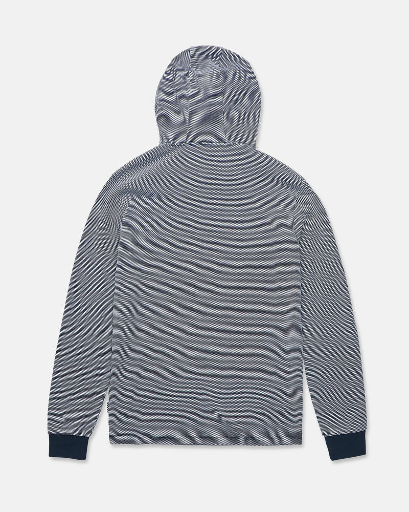 A back view of the Volcom Men's Rowan Thermal Long Sleeve Shirt in gray, featuring subtle diagonal stripes and dark cuffs, designed as a midweight warmth layer, laid flat on a white background.