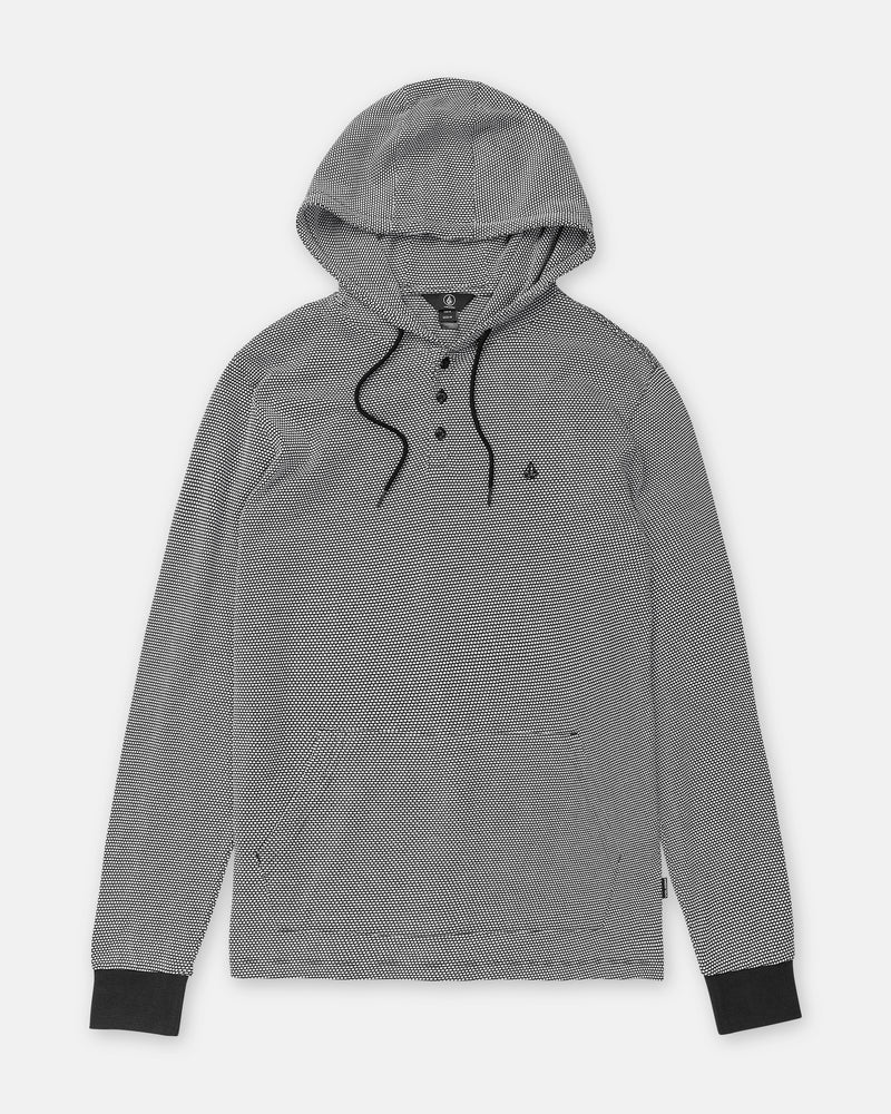 Volcom Men’s Rowan Thermal Long Sleeve featuring a black and white popcorn knit, three-button placket, drawstring hood, and black cuffs.