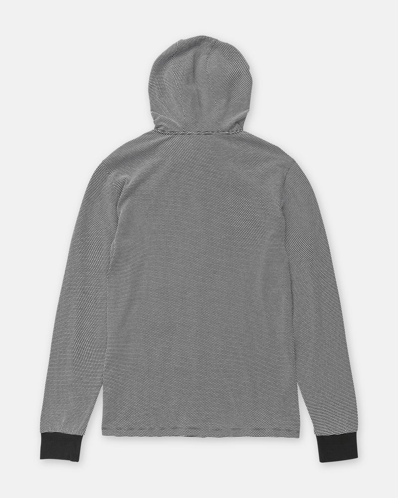 Back view of a Volcom Men’s Rowan Thermal Long Sleeve featuring a popcorn knit hooded design with a black-and-white micro-dot pattern and solid black cuffs.