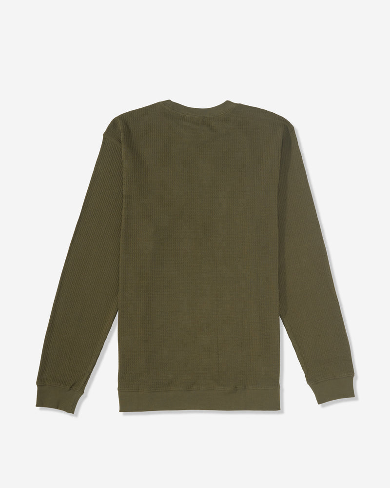 The Volcom Men's Gridstone Crew Long Sleeve in olive green is displayed flat from the back, featuring ribbed texture and cuffs, set against a plain white background.