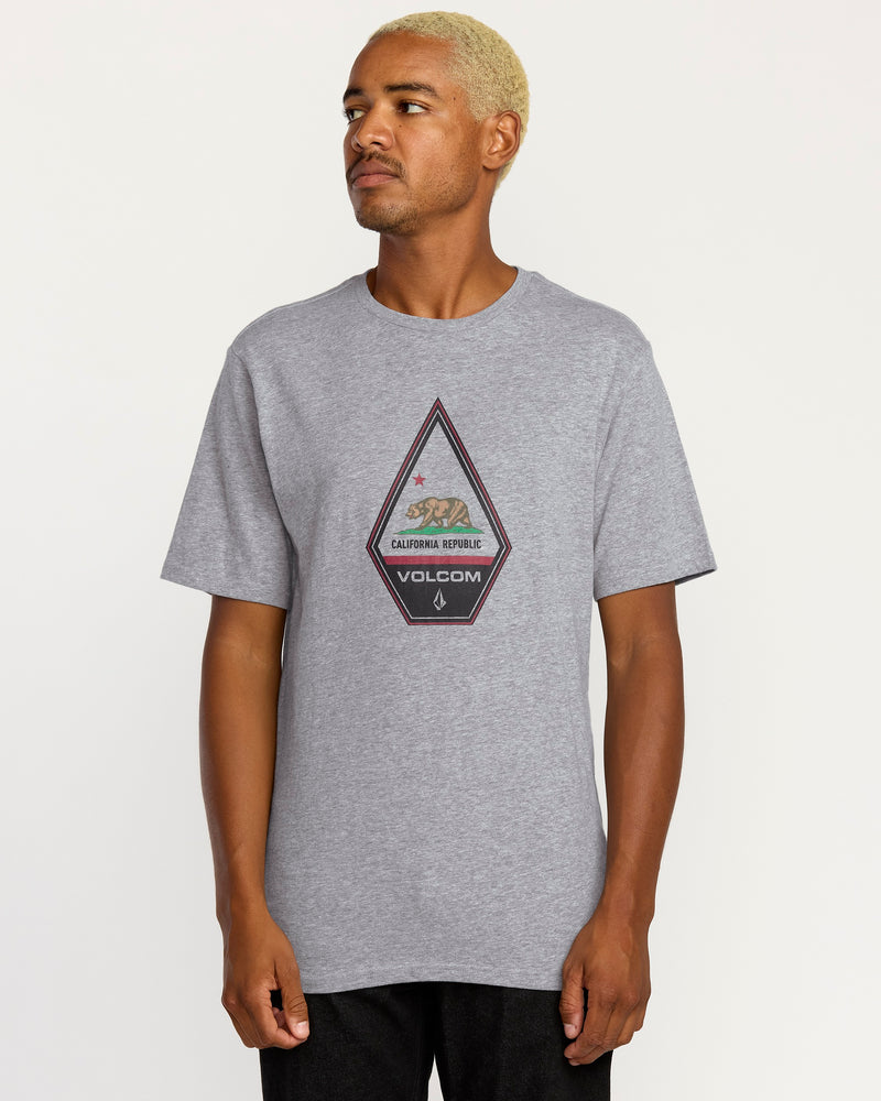 A person with short blond hair wears a relaxed fit gray Volcom Men's Californeye Tee featuring a triangular graphic, standing against a plain white background.