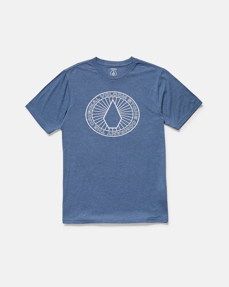 The Volcom Men's Men Medalist tee is a blue short sleeve crew neck with a large circular white graphic, geometric shapes, and "Volcom Stone" plus "Go Against the Flow" text on the chest. Modern fit for comfort and style.