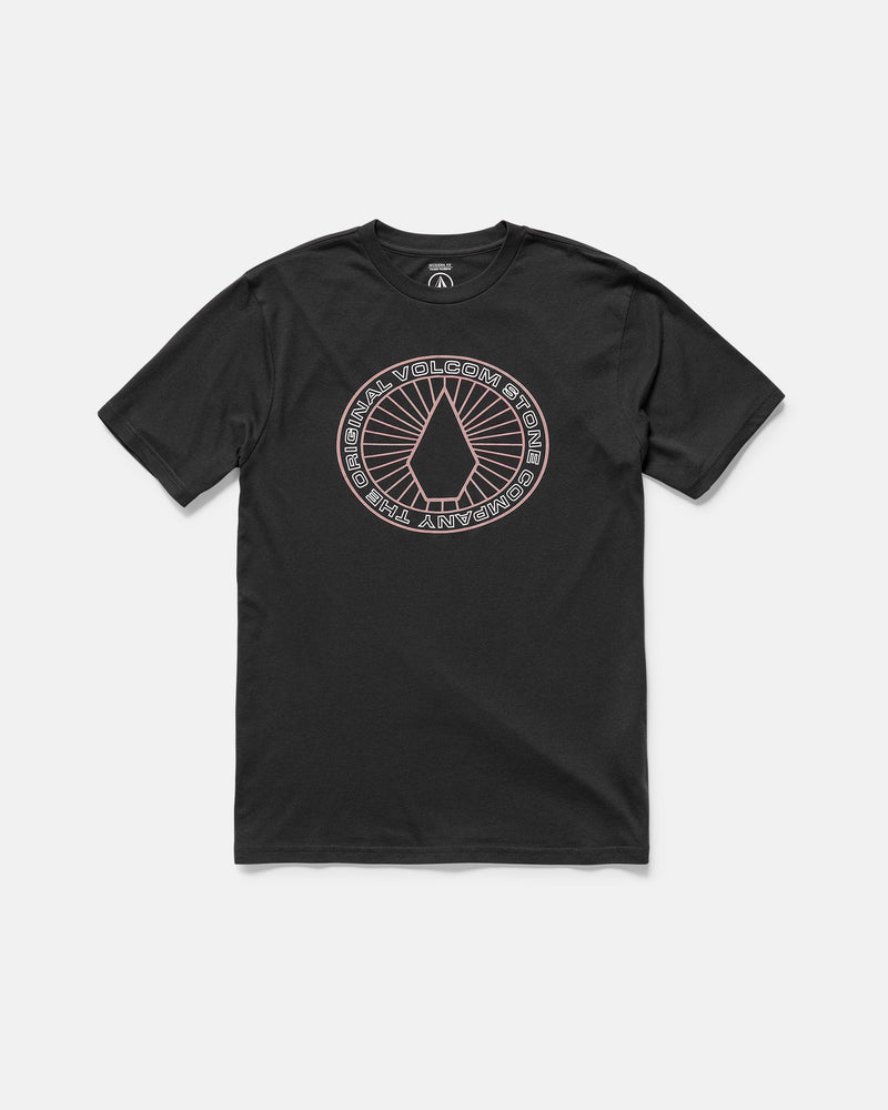 The Men's Medalist Short Sleeve Tee by Volcom is a black, modern fit shirt with a circular graphic featuring the Volcom stone logo and “The Original Volcom Stone Company” text in white and pink.