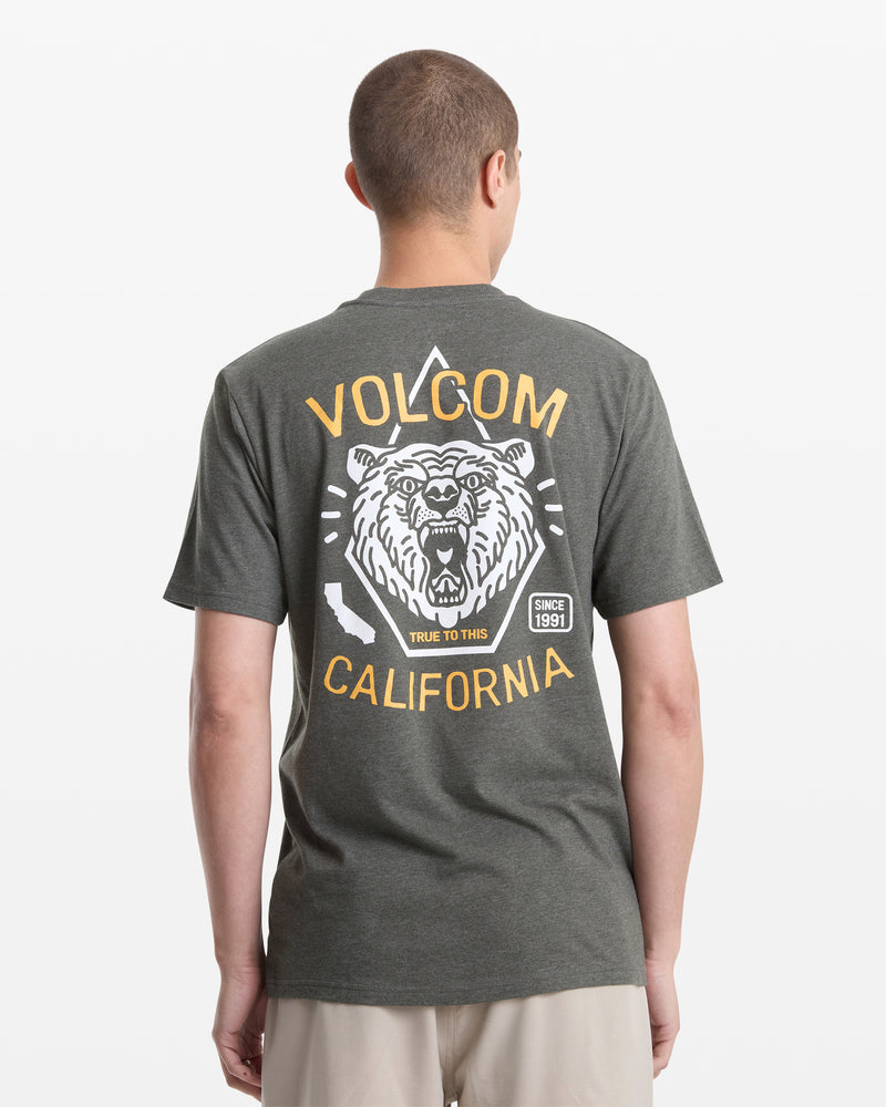 A person wearing a Volcom Men's Golden Statement Short Sleeve Tee in dark gray, featuring a large bear and axe graphic with “Volcom California” on the back, is seen facing away from the camera.