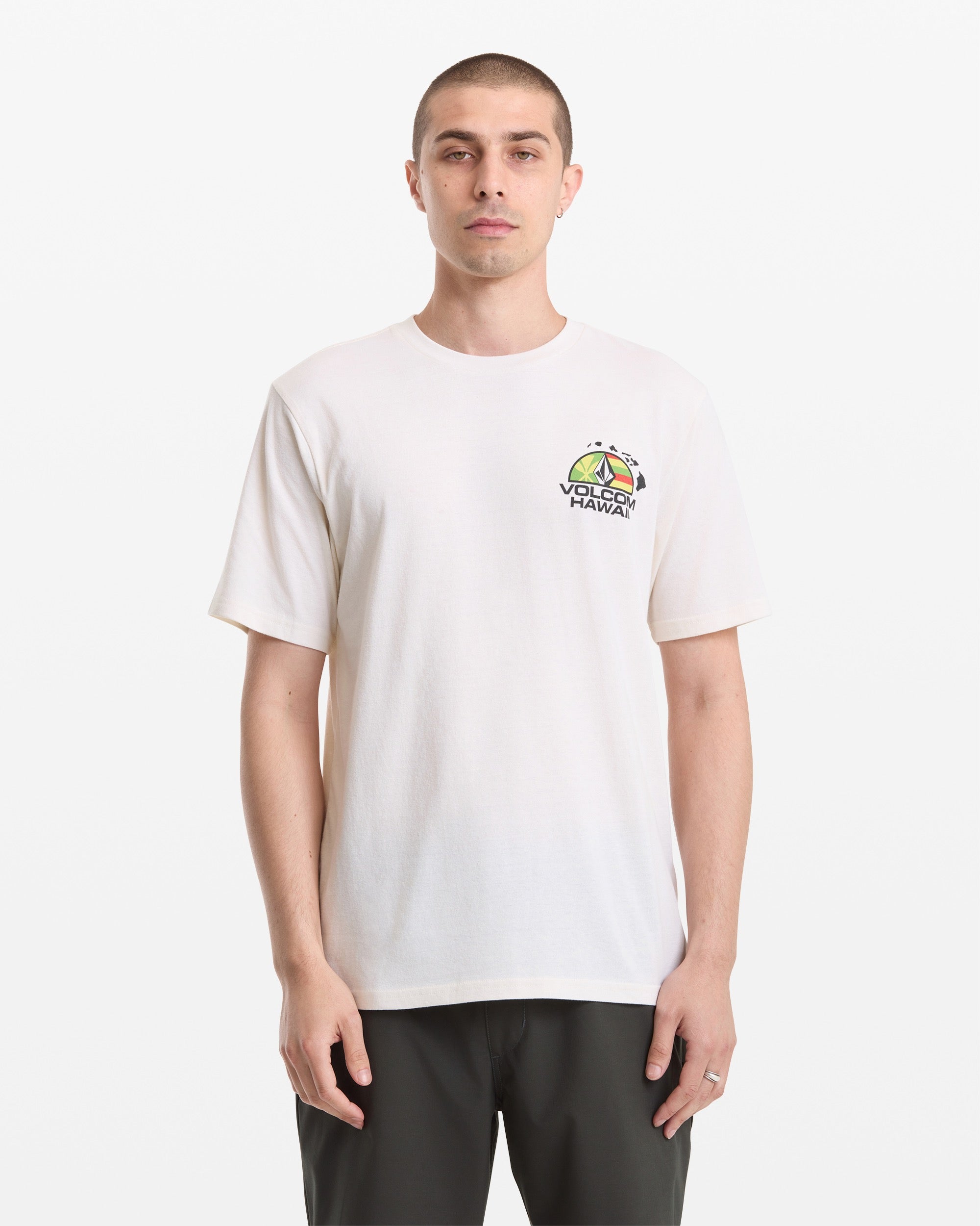 A person with short hair wears the Volcom Men's Allegiance Short Sleeve Tee, a plain white shirt featuring a small colorful graphic and "HAWAII" on the left chest, standing against a plain white background.