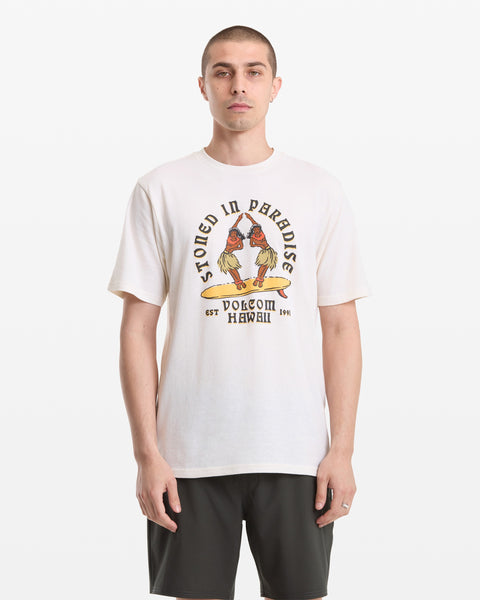 A man with short hair wears the Volcom Men's Stoned In Paradise Short Sleeve Tee, featuring "Stoned in Paradise" text and parrot graphic, paired with dark shorts, standing against a plain white background.