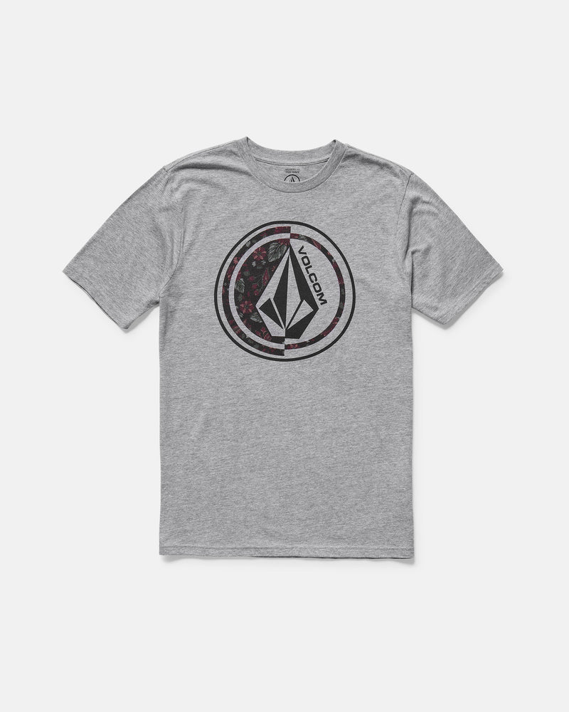 The Men’s Coop Short Sleeve Tee by Volcom is a heather gray modern fit t-shirt with a soft-hand screen print Volcom Stone logo in black and red, featuring “VOLCOM” inside a circular chest graphic. Made from a comfy cotton-poly blend.