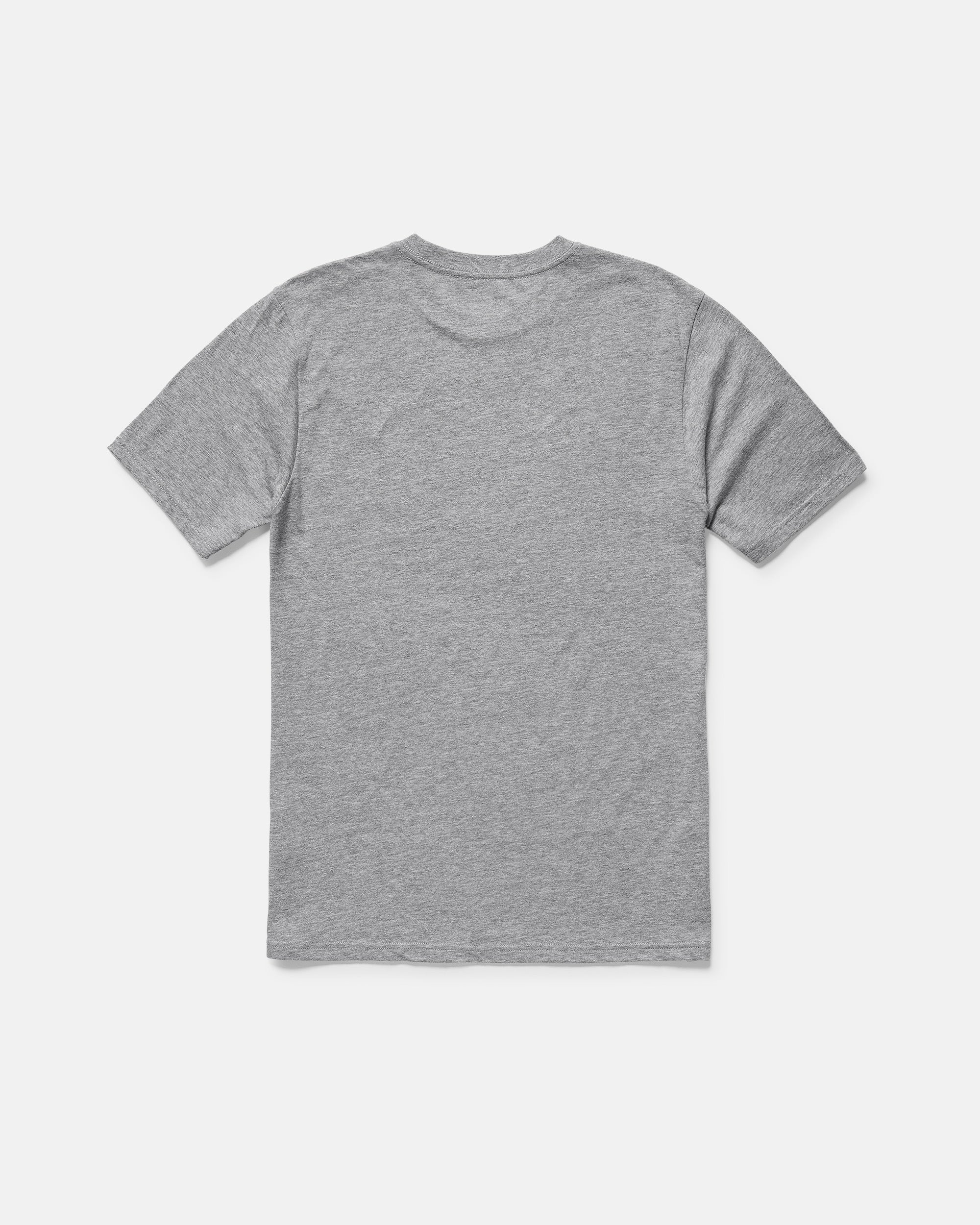 The Volcom Men's Coop Short Sleeve Tee, shown from the back and laid flat on a white background, features a modern fit in plain heather gray and is made from a comfortable cotton-poly blend.