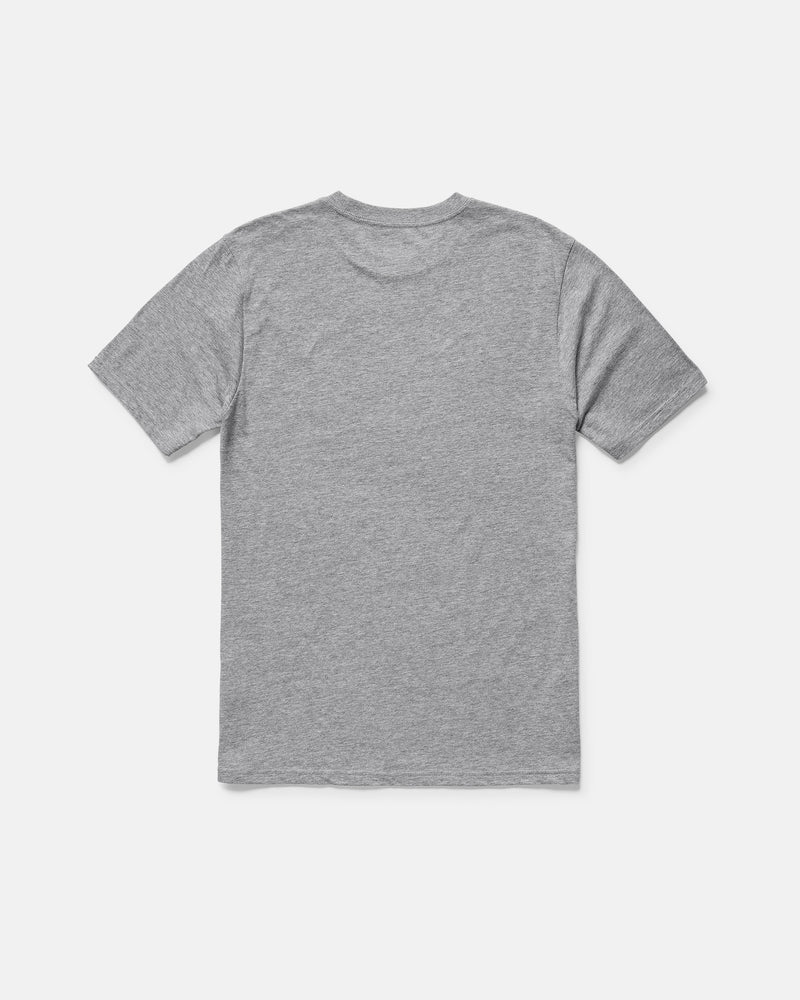 The Volcom Men's Coop Short Sleeve Tee, shown from the back and laid flat on a white background, features a modern fit in plain heather gray and is made from a comfortable cotton-poly blend.