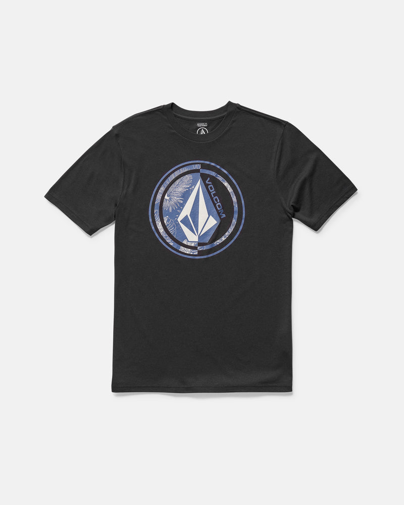 The Men's Coop Short Sleeve Tee by Volcom is a black modern fit t-shirt in a comfy cotton-poly blend, with a large circular blue and white Volcom Stone logo and palm tree graphics on the front. Features soft-hand screen print on a plain white background.