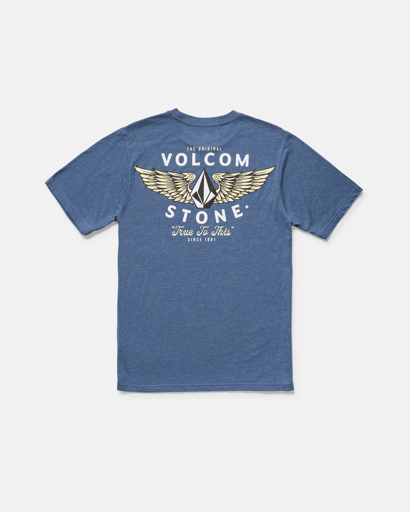 The Volcom Men's Hi Flyer Short Sleeve Tee is a blue modern fit shirt featuring a back graphic of yellow wings and bold "The Original Volcom Stone" and "True To This Since 1991" text in white and yellow.