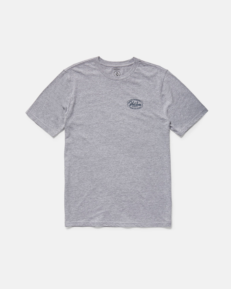 The Volcom Men's Garaged Short Sleeve Tee is a modern fit, heather gray shirt with a small dark graphic and text on the left chest, shown laid flat on a white background.