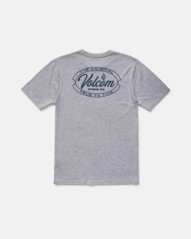 The Volcom Men's Garaged Short Sleeve Tee features a modern fit, heather gray fabric, a bold navy Volcom Stone Co. logo, and "The Original, True to This" text printed on the upper back.