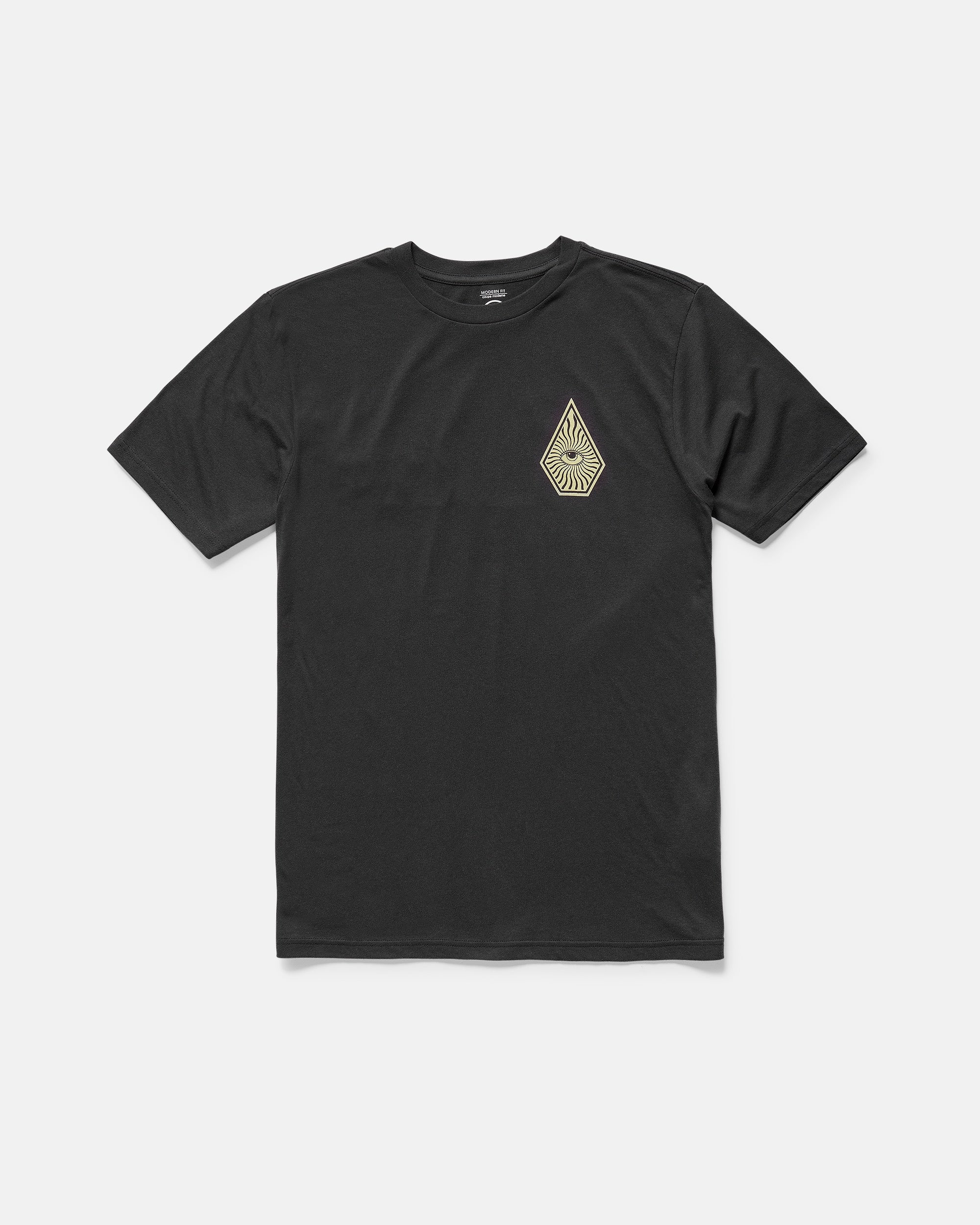 A plain black short-sleeve t-shirt featuring a small, gold geometric eye design on the left chest area, displayed on a white background.