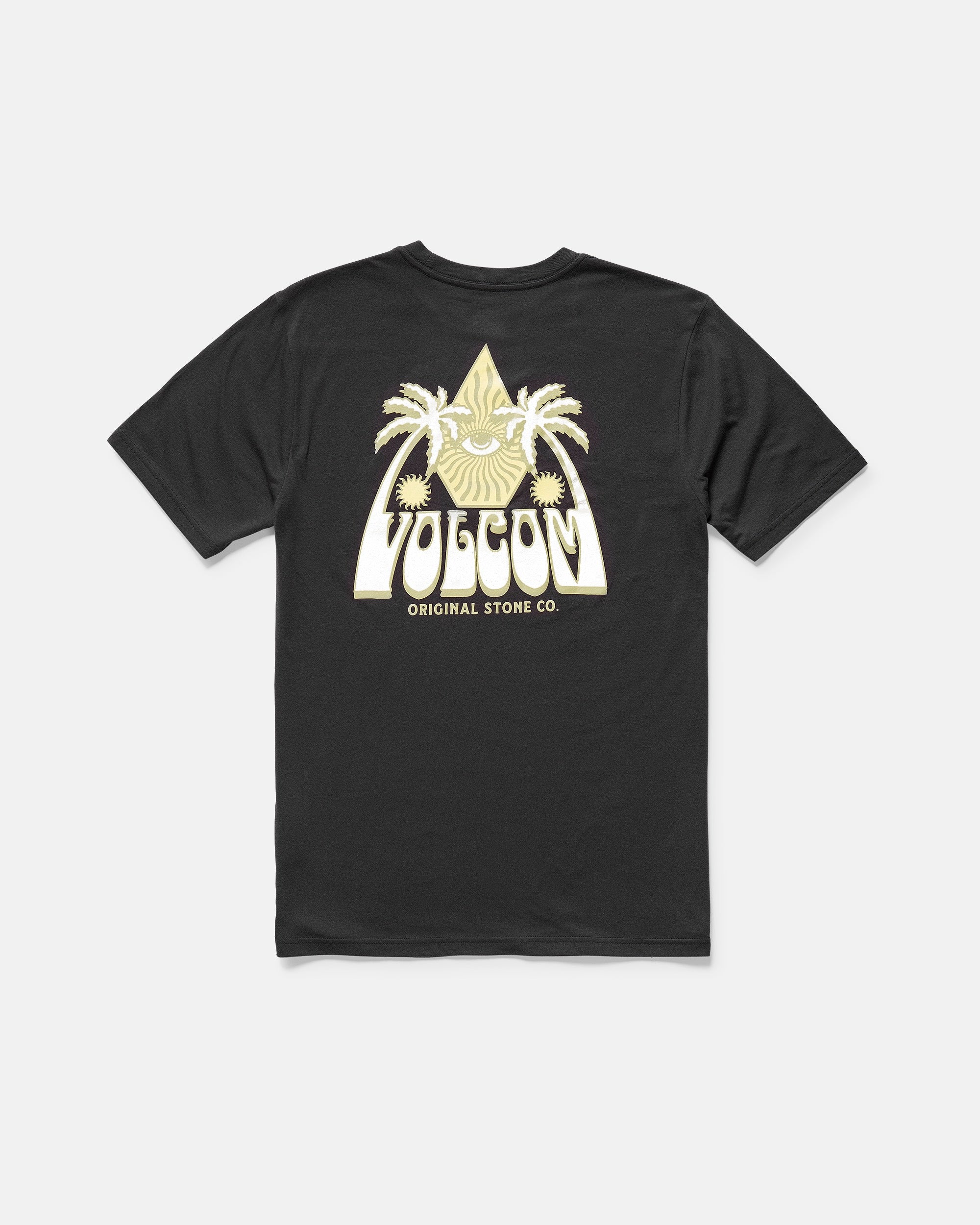 Black t-shirt with a graphic on the back featuring a stylized yellow diamond with an eye, two palm trees, and the text VOLCOM ORIGINAL STONE CO. in bold, decorative letters.