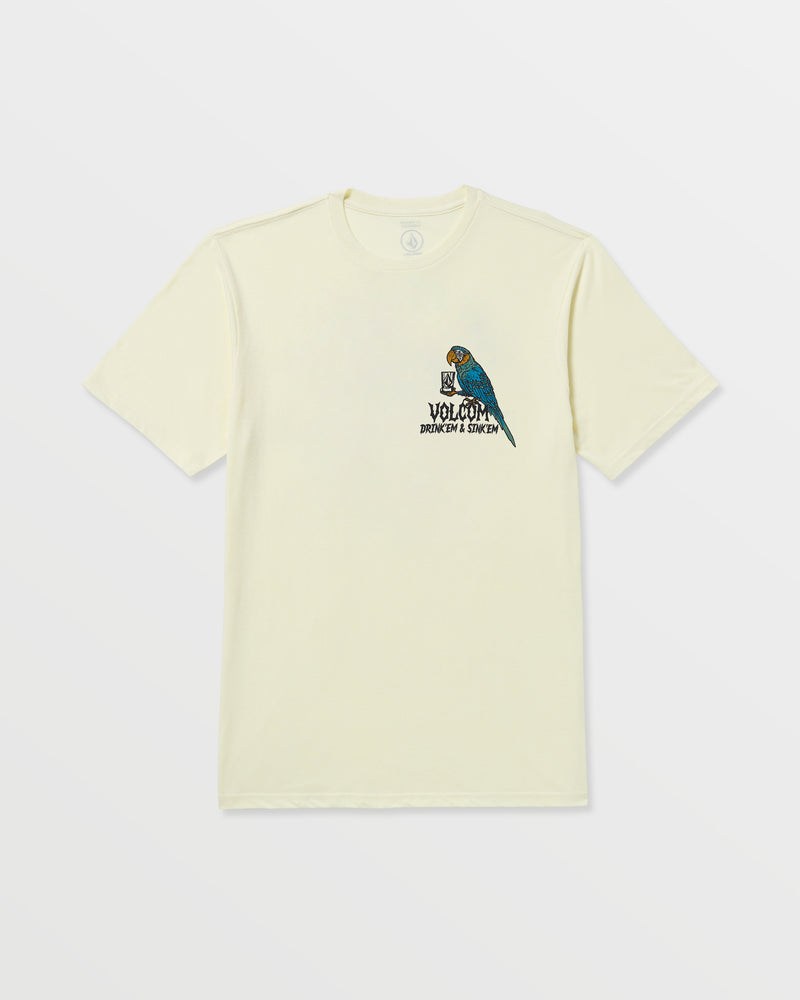 The Volcom Men's Rambln Short Sleeve Tee is a light yellow cotton blend with a relaxed fit, featuring a small blue parrot graphic and "VOLCOM DRINKIN & ENJOYIN" text on the left chest.
