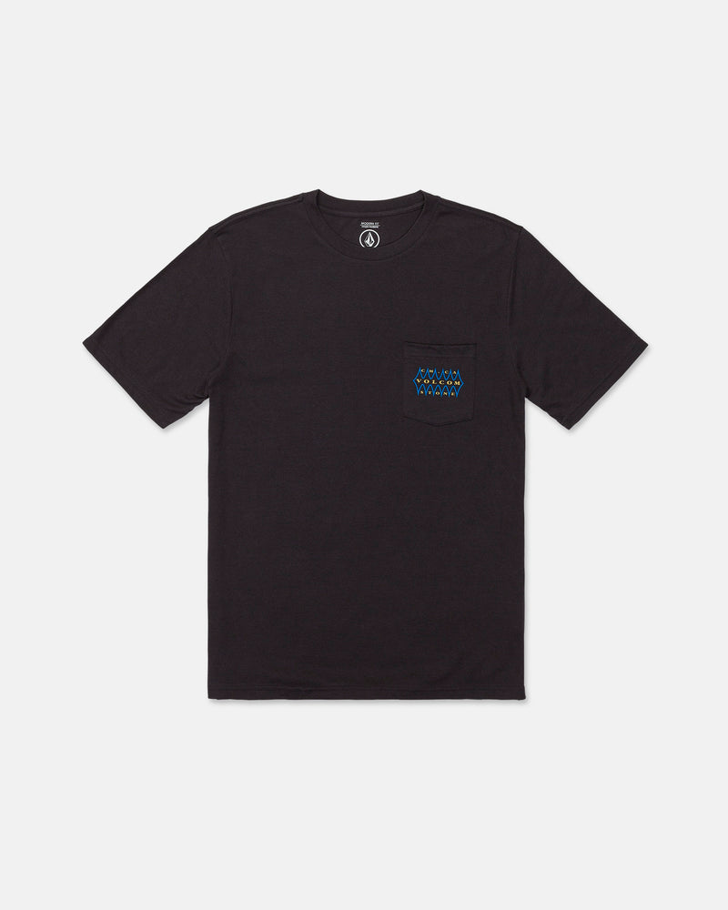 The Volcom Men's Smokers Lounge Short Sleeve Tee is a modern fit t-shirt in washed black heather, featuring a plain short-sleeve design with a small blue logo or text on the left chest pocket, shown against a white background.