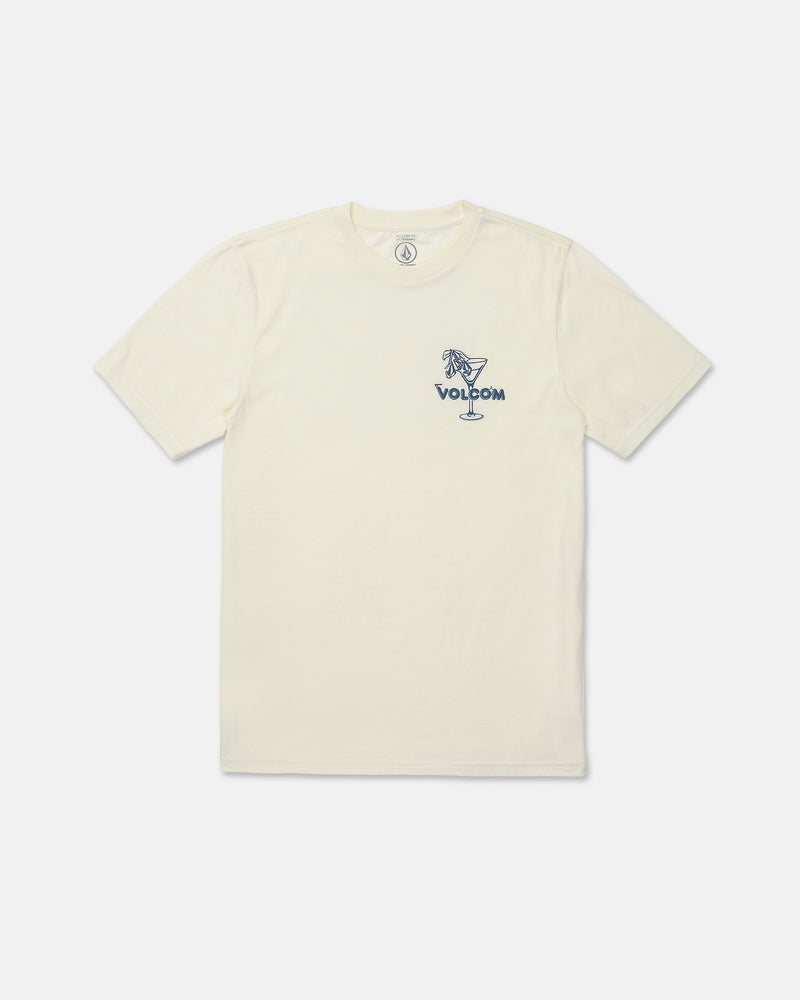 The Men's Dive Bar Short Sleeve Tee by Volcom features a cream color with a modern fit and short sleeves. Made from a soft ringspun cotton-poly blend, this t-shirt displays a small blue "VOLCOM" graphic on the left chest and showcases an illustration of a woman sitting on the rim of a cocktail glass.