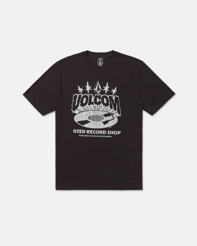 Introducing the Volcom Men's Collector Short Sleeve Tee in washed black, featuring a unique crackle-ink artwork of a vinyl record and white "VOLCOM USED RECORD SHOP" text. With its retro, music-inspired design, this tee is an ideal collector's piece for any music enthusiast.