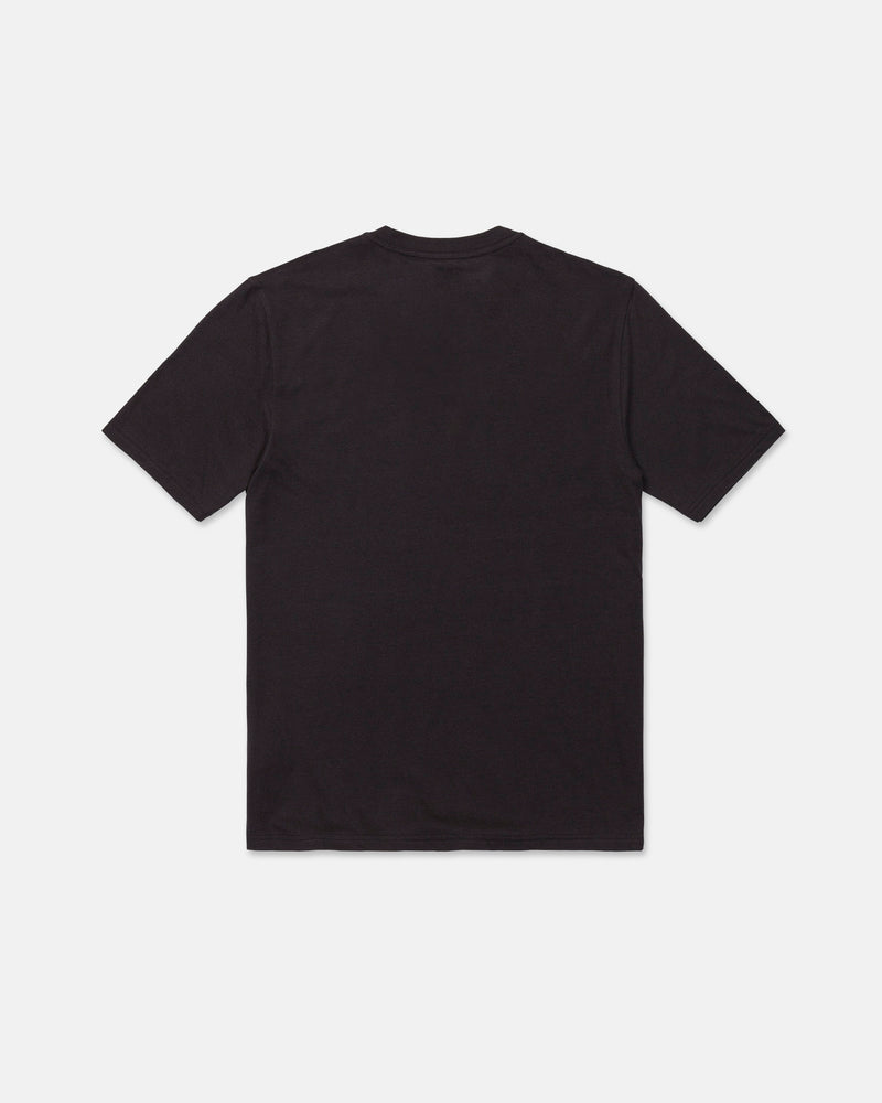 The Volcom Men's Collector Short Sleeve Tee in washed black is laid flat, viewed from the back, on a white background—an understated piece perfect for any wardrobe.