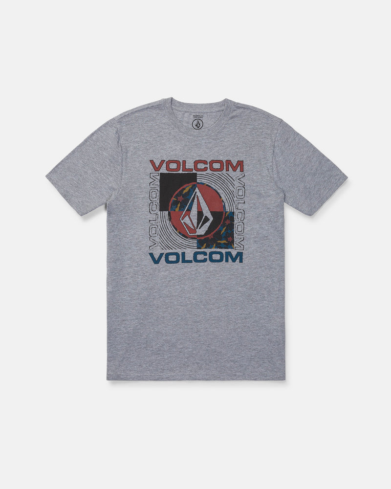 The Volcom Men's Filled Out Short Sleeve Tee is a medium-weight, gray heather t-shirt featuring the word "VOLCOM" and the iconic Volcom Stone logo in red, blue, and black—arranged both vertically and horizontally at the center. This modern fit tee is finished with a soft-hand screen print for all-day comfort.