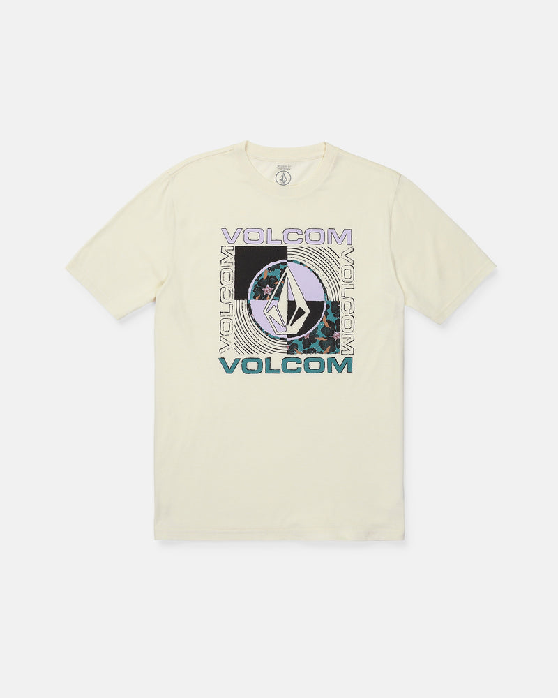 Introducing the Men's Filled Out Short Sleeve Tee by Volcom—this off-white, modern-fit shirt features a vibrant geometric graphic and the word "VOLCOM" repeated three times across the chest. Made from soft ring-spun cotton for enhanced comfort, it displays a soft-hand screen print with Volcom’s stylized stone logo prominently centered within the design.
