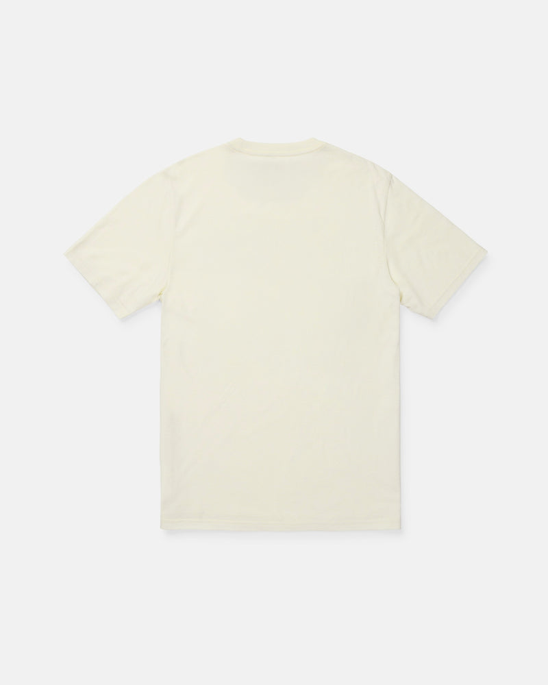 Back view of the Volcom Men's Filled Out Short Sleeve Tee in off-white, featuring a modern fit and short sleeves, laid flat on a white background.