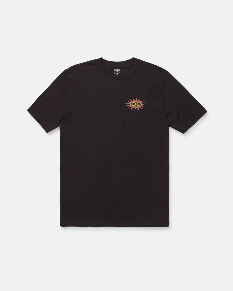 The Volcom Men's Spf91 Short Sleeve Tee is a medium-weight heather t-shirt in plain black, featuring a small red and yellow sun graphic on the left chest. Displayed against a white background, this modern fit tee is crafted from a soft ring spun cotton-poly blend, offering everyday comfort.