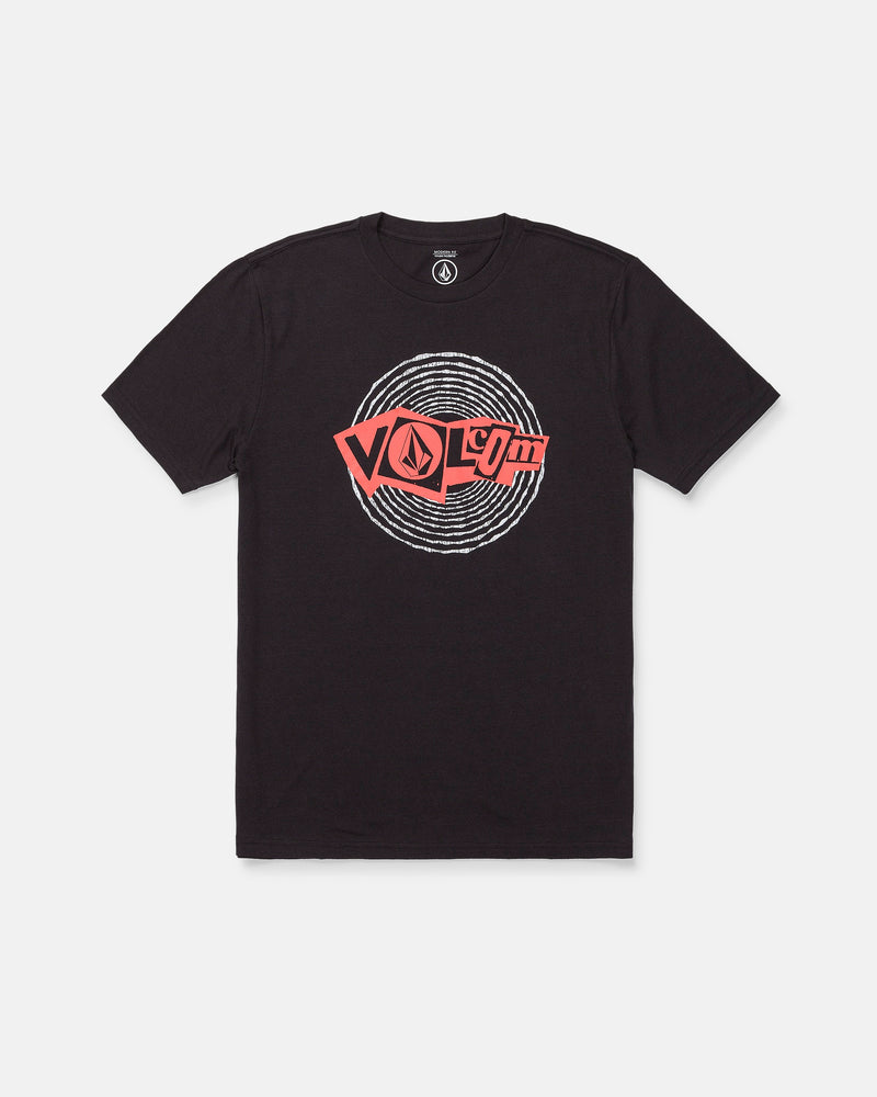 The Men's Dizzy Down Short Sleeve Tee by Volcom features a red and white Volcom logo graphic with concentric circular lines on the chest. This modern fit tee comes in a Washed Black Heather colorway, and is designed with short sleeves and a crew neckline.