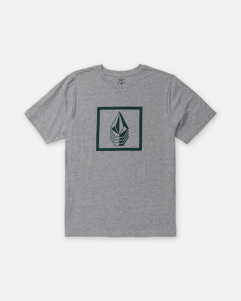 The Men’s Quadratic Short Sleeve Tee by Volcom features a modern fit in heather grey, with a dark green geometric logo inside a square on the front center. Displayed on a white background.