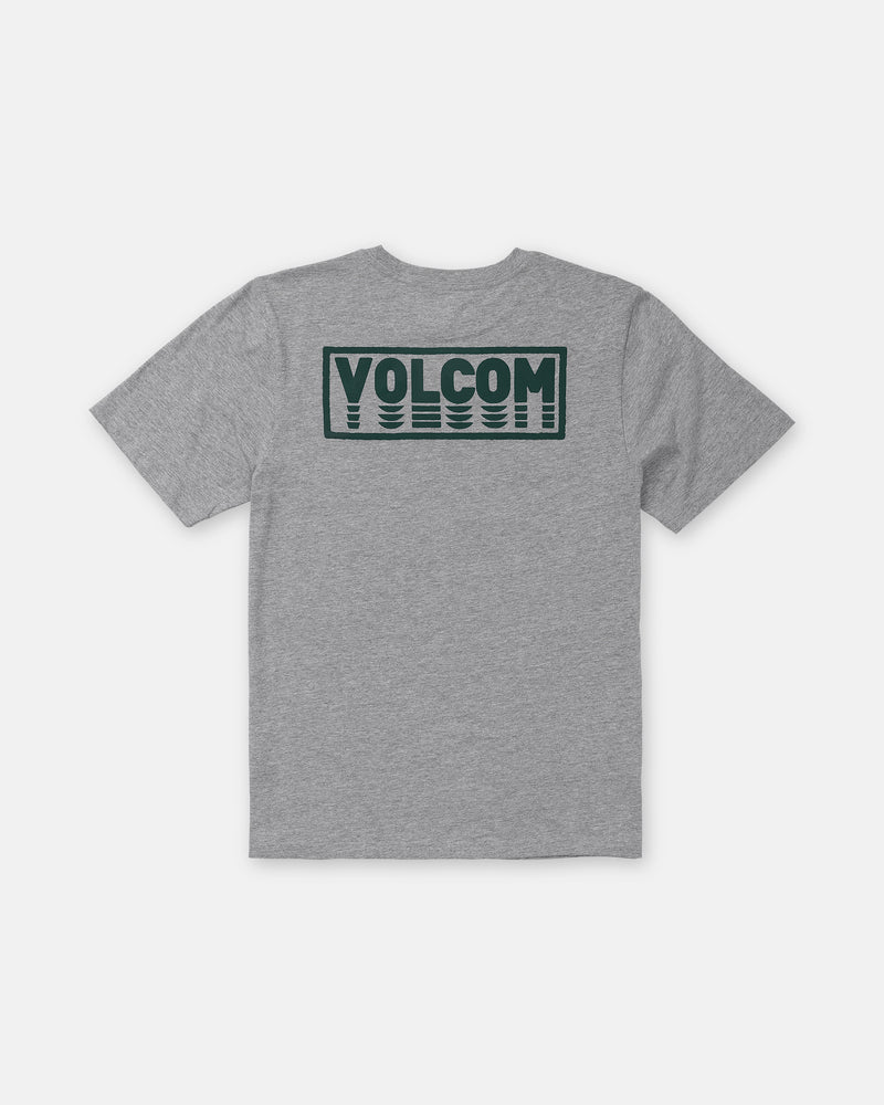 Volcom Men’s Quadratic Short Sleeve Tee in heather grey with a large dark green VOLCOM logo and stylized lines on the upper back. Modern fit. Laid flat on a white background.
