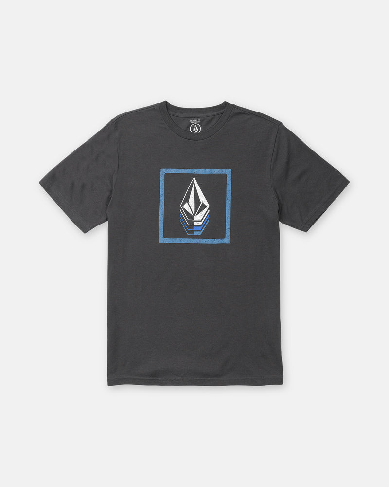 The Men’s Quadratic Short Sleeve Tee by Volcom is a washed black heather men’s tee with a blue square outline and white geometric logo at the chest. Shown laid flat on a plain white background. Modern fit for everyday style.