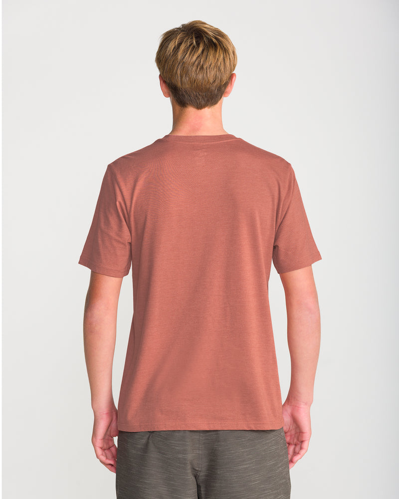A person with short light brown hair stands with their back to the camera, wearing a salmon-colored Men’s Core Stone Short Sleeve Tee by Volcom and dark shorts against a plain light background.